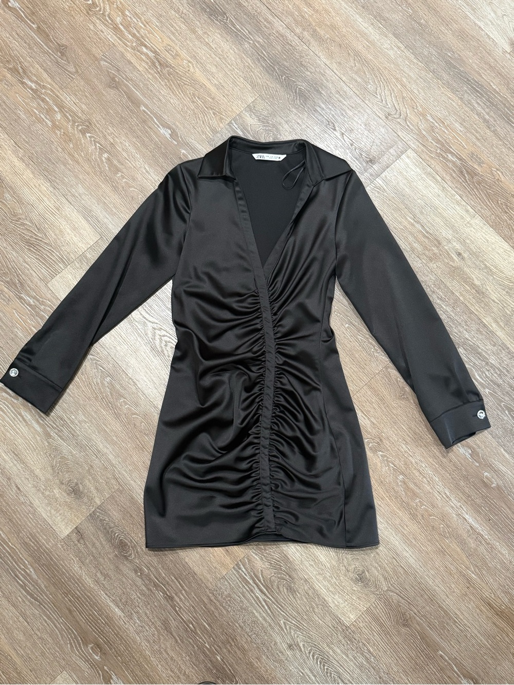 Zara Black Satin Ruched Front Mini Shirt Dress Crystal Rhinestone Cuffs Size S
